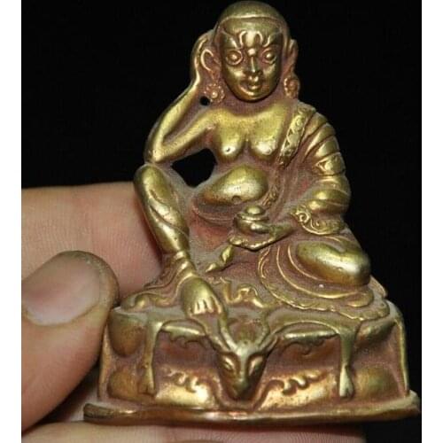 Bronze 24k Gilt Buddhist Monastery Milarepa Buddha sit Deer Head Buddha Statue