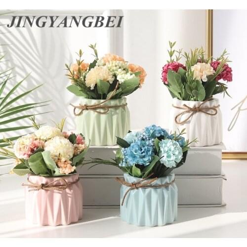 Artificial Hydrangea Bonsai with Ceramic Pot Set Fake Flower Vase Decorative Home Balcony Desktop Decoration