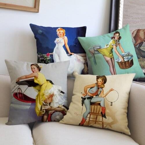 Oil Painting Sexy Girls Cushion Cover Vintage Decorative Sofa Throw Pillows Cases Home Decor America Stylish Girls Pillow Cover