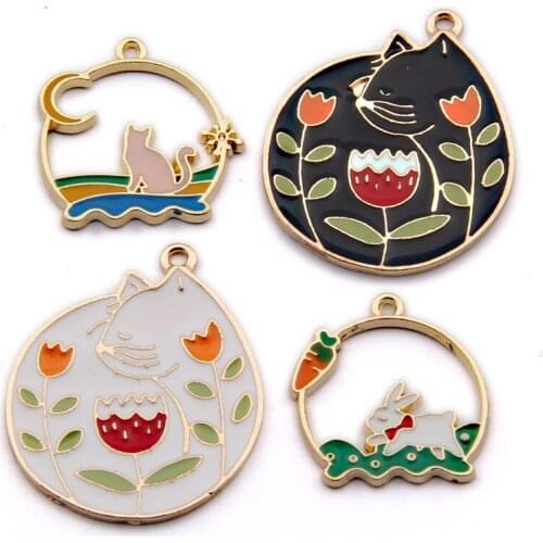 Kawaii Floral Animal Cat Rabbit Flower Necklace Pendants 10pcs Gold Tone Zinc Alloy Metal Bracelet Necklace Earring Charms