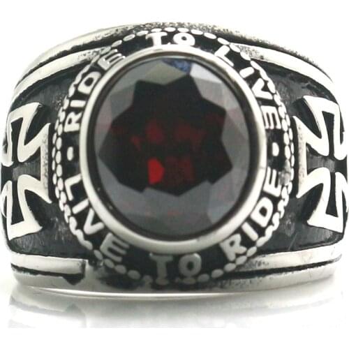 Biker Unisex 316L Stainless Steel Cool Cross Ride To Live, Live To Ride Red Stone Classic Ring For Rider