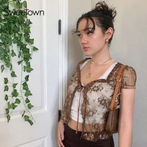 Sweetown Brown Vintage Y2K Lace Crop Top Short Sleeve See Through Sexy Mesh Woman Tshirts V Neck Lace Up Floral Kawaii Clothes