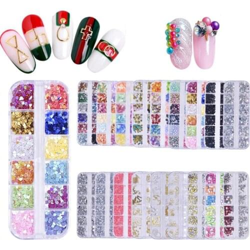 Nail Art Decorations Multi-size Rhinestones Crystals One Box 12 Cases for Nails Accessories Colorful Nail DIY Materials