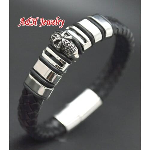 Fashion Men Genuine Leather Bangles High Quality Stainless Steel Skull Bracelets Magnet Clasp Christmas & Birthday Gift 5pc/lot