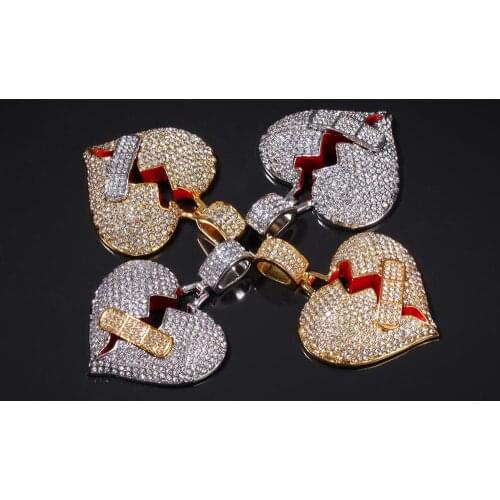 Trendy Hip Hop Jewelry Band-aid Broken Heart Love Pendant Men Micro Pave Zircon Stone Necklace with OK Patch love Pendant Bijoux