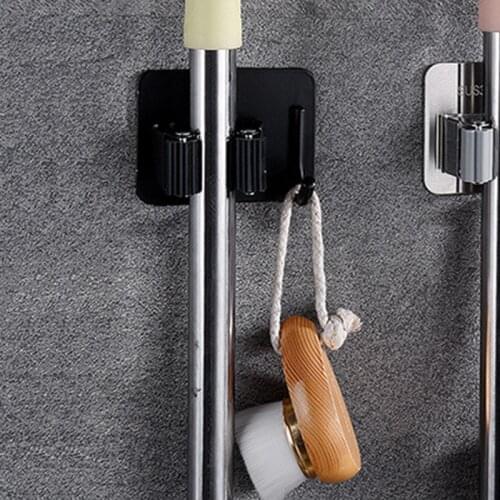 Wall Mounted Broom Holder Stainless Steel Mop Brush Mops Storage Hanger With Hook Multifunctional Kitchen Bathroom Organizer