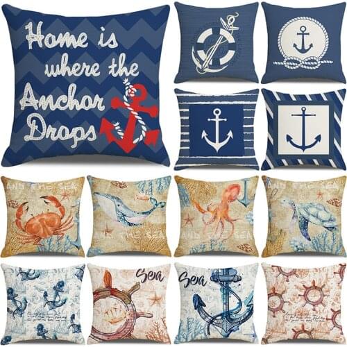 Blue Anchor Animal Print Pillowcase Cushion Cover 45*45 Sofa Cushions Pillow Cases Cotton Linen Home Decor Pillow Covers KD0723
