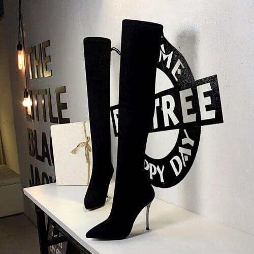 Pointed Toe Slim Sexy Thigh High Boots Women Sequined Design Fashion High Heel Elastic Winter Boots Ladies Shoes