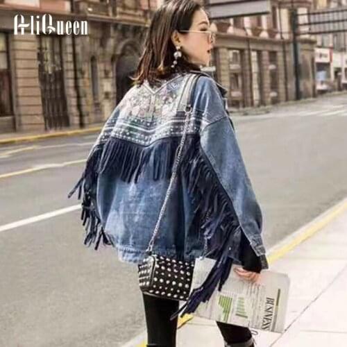 Autumn Streetwear Denim Jacket Women Hand-studded Rivet Tassel Embroidery Jeans Jacket Loose Black Coats Chaquetas Mujer 2021