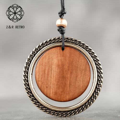 Simple Wood Necklace Vintage Sweater Long Rope Chain Round Suspension Adjustable Pendant Fashion Costume Jewelry Gift For Women