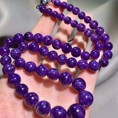 Genuine Purple Natural Charoite Necklace Women Female Round Crystal Bead Long Chain Necklace 6-12mm Certificate AAAAA