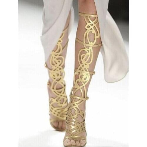 Sexy Gold Metallic Leather Knee High Sandal Boots Cut-out Buckle Peep Toe Gladiator Sandals Boots For Women High Heel Shoes