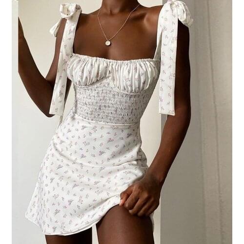 Hirigin Floral Print Women Mini Dress Bow Tie Shoulder A-line Female Sexy Spaghetti Strap Ruched Dresses Backless Lady Vestidos