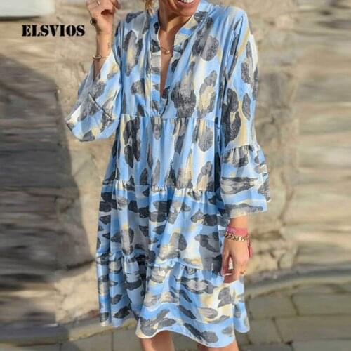 Casual Fashion Womens High Waist Vestidos Autumn Print Long-Sleeve Loose Homewear A-Line Dress Female Sexy V-Neck Beach Dresses