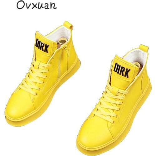 OVXUAN Concise Casual Botas Hombre Metal Word High Top Solid Color Hip Hop Leather Shoes Men Flats Ankle Boots Zapatillas Social