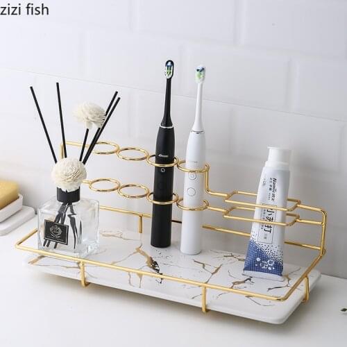 Marbling Rectangular Metal Rack Bathroom Electric Toothbrush Holder Bathroom Shelf Desktop Cosmetic Storage Organizer Home Tray