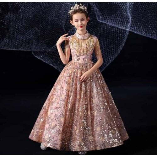 Heavy industry sequin design Girls Princess Dress Birthday Party Sequined Tassel Evening Gown Kids Pageant Dress For Girls L438