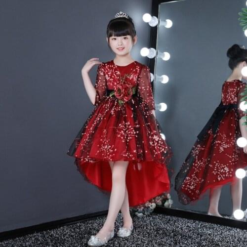 Wine red Flower Girl Lace Long Dress 2019 New Girl Wedding Party Exchange Dress Ball Beauty Noblest Tails Dress