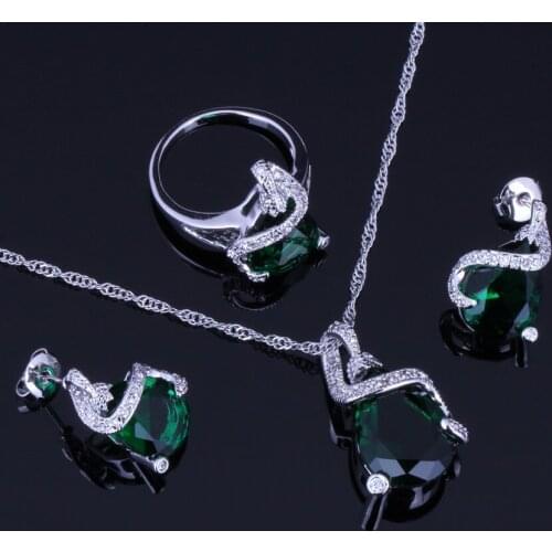 Delightful Green Cubic Zirconia Silver Plated Jewelry Sets Earrings Pendant Chain Ring V0236