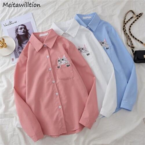 2021 Spring Autumn Cat Embroidery Women Clothing Ladies Long Sleeve Casual Blouse Shirts Office Tops