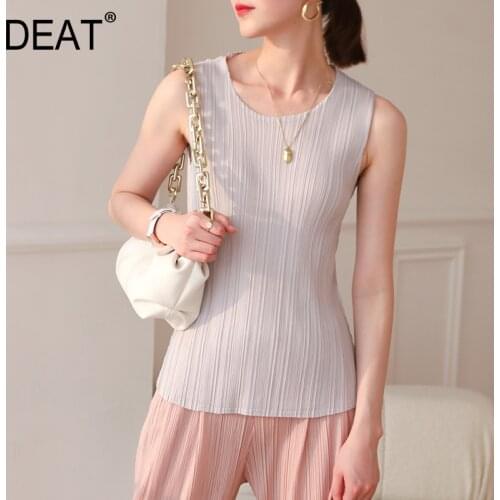DEAT Women Loose Pleated Sleeveless T-shirt Solid Slim High Elastic Round Neck Casual Style Wild 2021 Summer New Fashion 15HT289