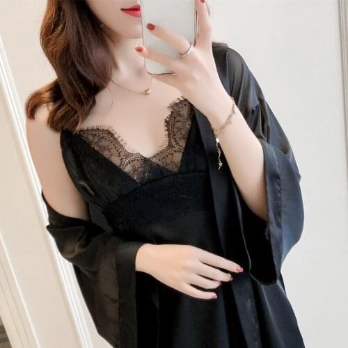 MECHCITIZ 2019 sexy womens robe & gown sets bathrobe + mini night dress two pieces sleepwear womens sleep set faux silk robe