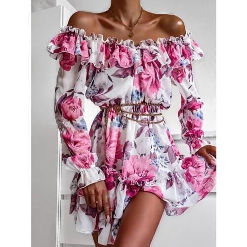 Women Off Shoulder Ruffles Flower Print Dress 2021 Autumn Long Sleeve Elegant Party Dress Female Chiffon Beach Holiday Vestidos