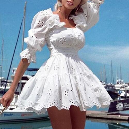 Fashion Solid Color Party Dress Women 2021 New Square Collar Ruffle Short Sleeve Ladies Mini Dress Casual Hollow Out Sexy Dress