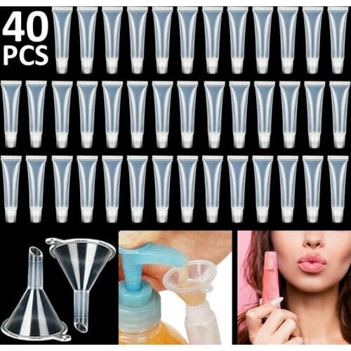 40Pcs 15ml Lip Gloss Tubes Refillable Mini Clear Lip Gloss Balm Container Soft Hose Squeeze Sub-bottling Tube With 2Pcs Funnel