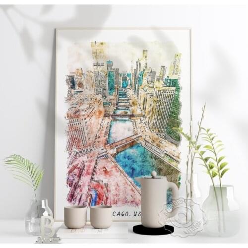 Watercolor City Usa Chicago Poster, Usa Beautiful Scenery Art Print, Chicago World Travel Wall Stickers Home Kids Room Decor