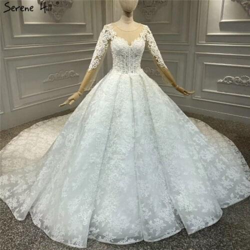 White Luxury Vintage O-Neck Zipper Wedding Dresses 2021 Long Sleeves Beading Handmade Flowers Bride Gowns HA2314 Custom Made