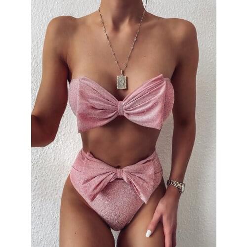 High Waist Bikinis Swimsuits Bandeau Swimwear Women Shiny Bow Biquini Solid Strapless Bathers Bathing Suit Women