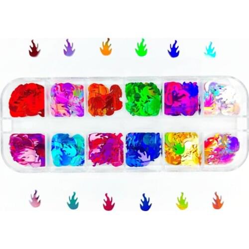 12Colors Holographic Nail Glitter Flame Sequins Laser Fire Shaped Glitter Flakes Sparkly 3D Nail Art Decals Laser Foils Cosmetic
