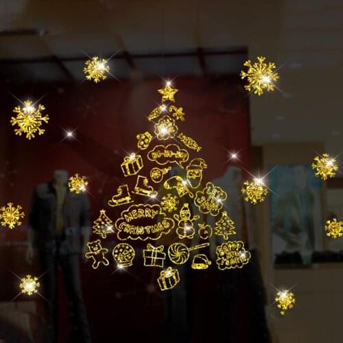 Shining Gold Christmas Tree Window Sticker Santa Ride Xmas Garland Wall Decals New Year Showcase Stickers Snowman Home Decor