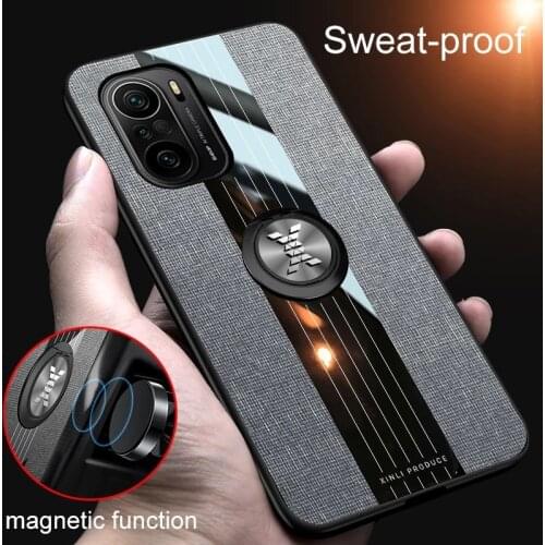 For Xiaomi Poco F3 Case Ring Holder Fabric Hard Cover Soft Frame Cloth Texture Phone Case for Xiaomi Pocophone Poko POCO F3