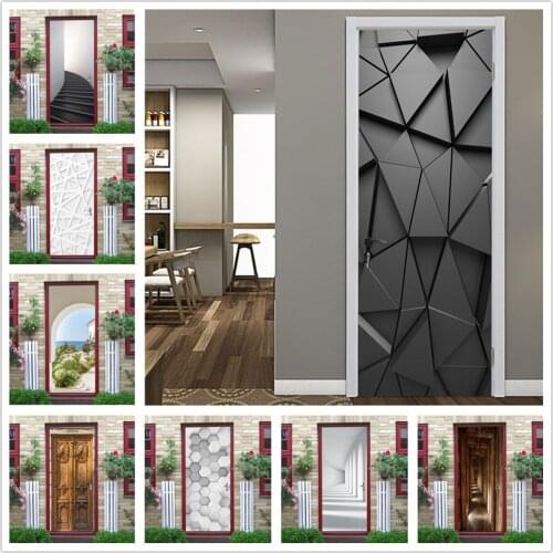 Black Geometry Door Sticker Self Stick Vinyl DIY Waterproof Wallpaper On The Doors Home Decor Renovation Wall Decals deursticker