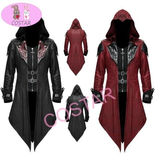 COSTAR Mens Fashion Gothic Hooded Jacket Steampunk Long Dress Knight Assassin Cosplay Stage Suit