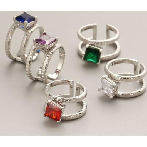 European and American fashion exaggerated square double layer chain Color Gemstone electroplating adjustable ring