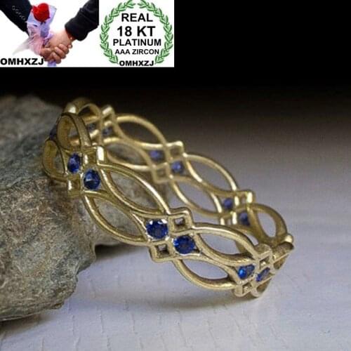 OMHXZJ Wholesale European Fashion Woman Man Party Wedding Gift Hollow Gold Blue AAA Zircon 18KT Yellow Gold Ring RR748