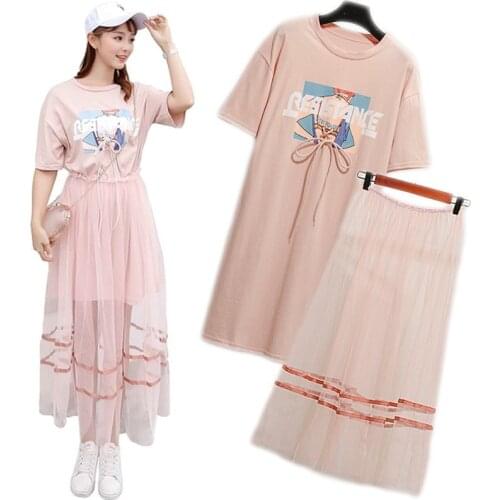 2 Piece Set Hot Summer Womens Cotton Long Lace Up T-shirt +Mesh See Through Skirt Sets Young Girls Fashion Streetwear Suits