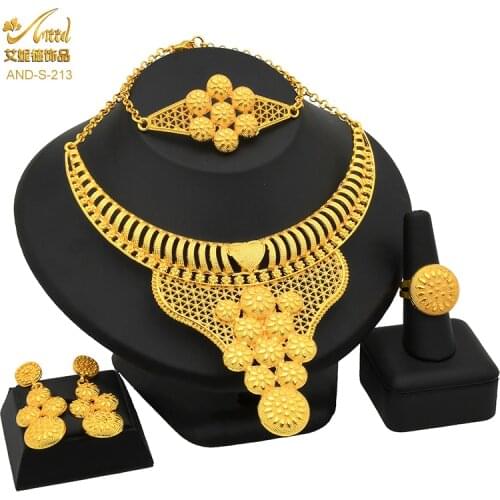 ANIID African Jewelry 24k Gold Color Bridal Dubai Luxury Jewellery Wedding Bracelets Necklaces Earrings Ring Sets For Ethiopian