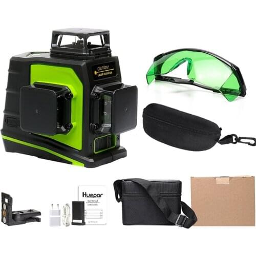 Huepar 12 Lines 3D Cross Green Beam Line Laser Level Self-Leveling 360 Degree Vertical & Horizontal USB Charging with Glasses
