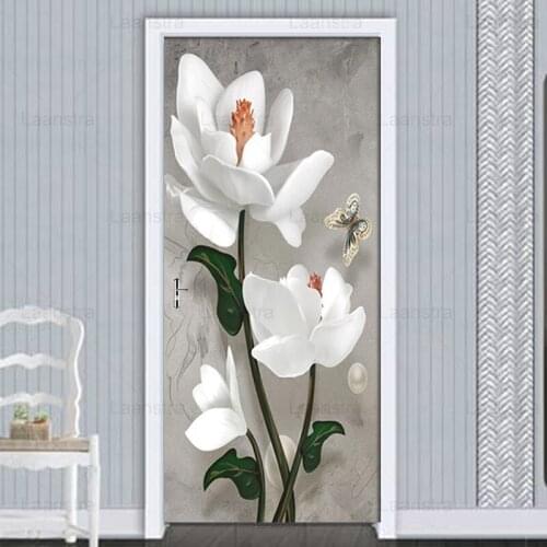 DIY Door Stickers 3D Embossed Flowers Retro Wall Stickers PVC Waterproof Self-adhesive Living Room Door Decor Detachable Decal