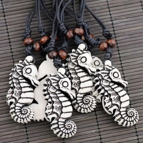 Wholesale 12pcs Imitation Yak Bone Carved lovely Hippocampus Pendants Adjustable Surfering Necklaces Amulets Gifts MN167