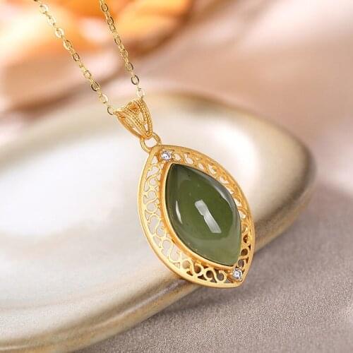 Original New silver inlaid natural Hetian sapphire hollow diamond pendant necklace Chinese style retro charming womens jewelry