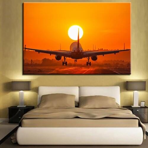 Canvas Hd Print Poster Home Decoration 1 Piece Airplane Sunset Landscape Painting Wall Art Picture Modular Living Room