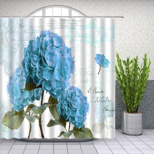 Spring Flower Shower Curtains Blue Floral Plant Pattern Bathroom Decor Home Bath Waterproof Polyester Cloth Curtain Set