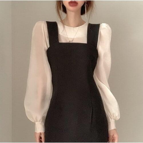 Korean Chic Fashion White Round Neck Transparent Blouse Puff Sleeve Tops Slim Waist A Line Black Tank Dress Office Lady Sets