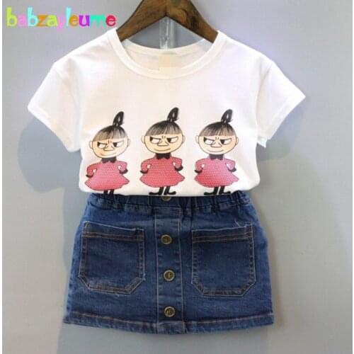 2PCS/2-6Years/Summer Style Kids Clothes For Baby Girls Suits Cartoon Cute White T-shirt+Denim Skirt Children Clothing Set BC1222