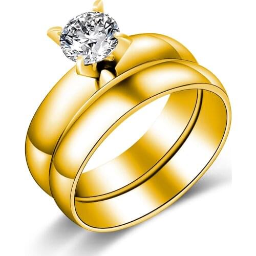 2017 fashion gold-color CZ rhinestone engagement finger rings jewelry for women anniversary ring gift stainless steel ring